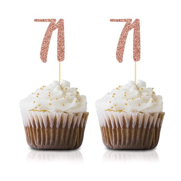 Rose Gold 71st Birthday Cupcake Topper, 24-Pack Number 71 Glitter Happy Birthday Party Cupcake Toppers, Decorations