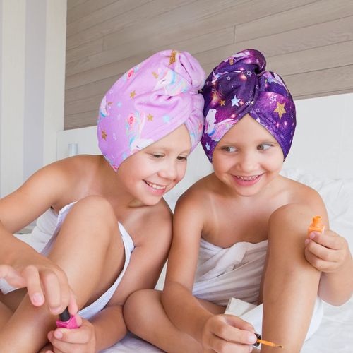 FIOBEE Microfiber Hair Towel Wrap for Kid Rapid Drying Towel Absorbent Hair Turbans for Wet Hair with Button Women Girls Long Curly Hair Pack of 2, Purple