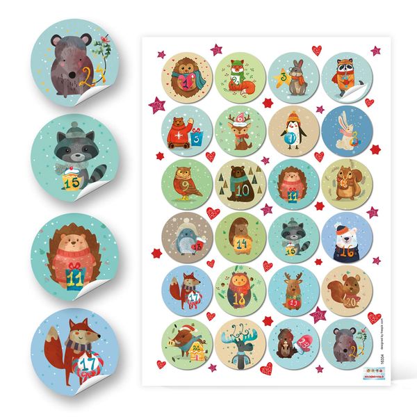 Logbuch-Verlag 1 bis 24 Adventskalender Zahlen Aufkleber 4 cm rund zum Basteln - bunte Tiere winterlich - für Kinder - Weihnachtskalender selbst gestalten