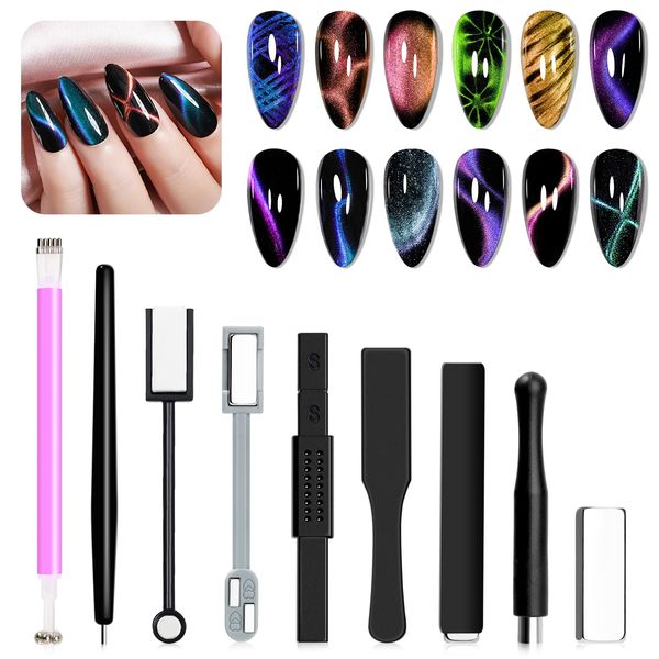 SUPWEE Cat Eye Magnet for Nails 9PCS Magnet Nail Tool for Cat Eye Gel Nail Polish Multi-Function Double-Head Mangtic Stick for 9D Strip Galaxy Cat Eye Nail Art Design DIY Home Manicure