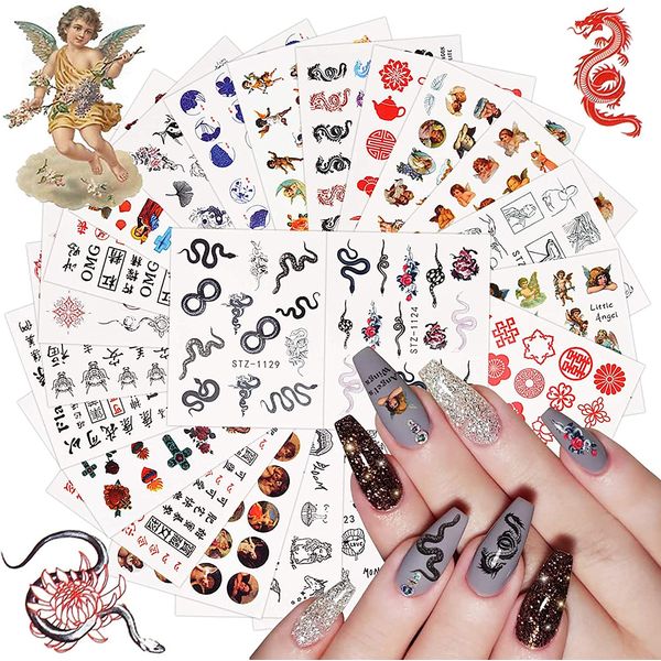 TOROKOM Water Transfer Nail Stickers, 3D Stickers, Dragon Snake Cupid Angel Eros Kanji Nail Art Sticker Decals, Nail Art, Design, Nail Decor, Adult Kids, Nail Jewelry (Set of 24)