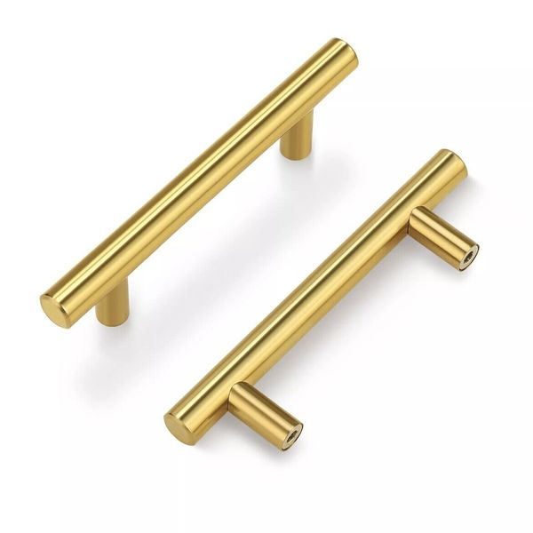 x10 Modern Kitchen Cabinet T Bar Cupboard Drawer Pull Brushed Gold Brass Handles