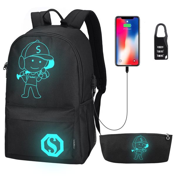 Pawsky Backpacks for Boys, Baseball Anime Luminous Backpack with USB Charging Port, Anti Theft Lock and Pencil Case, College School Bookbag Lightweight Laptop Bag, Black