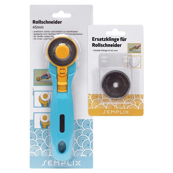 SEMPLIX Rollschneider + Ersatzklinge im Set Ø 45 mm – Stoffschneider mit integriertem Klingenschutz (blau)