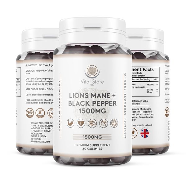 Lions Mane 1500MG Gummies - 1 Month Supply - Vegan Lions Mane Supplement 1500MG + Black Pepper