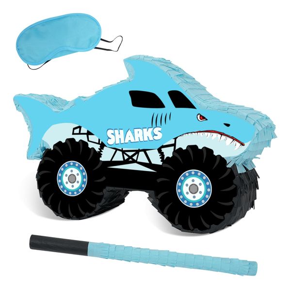 Shark Truck Pinata - Monster Truck Pinata with Blindfold and Bat for Kids Shark Monster Truck Theme Birthday Party Game Decorations (16.7”x10.2”x3”)