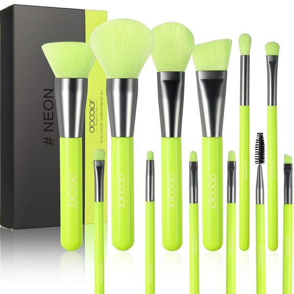 Docolor Makeup Brushes 10Pcs Makeup Brush Set Premium Synthetic Powder Kabuki Foundation Contour Blush Concealer Eye Shadow Blending Liner Make Up Brush Kit,Neon Green