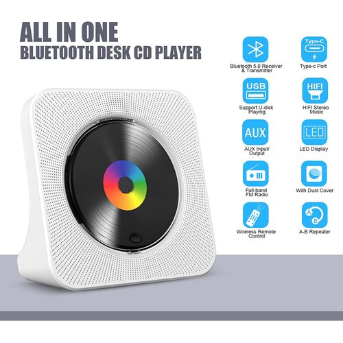 Gueray CD Player Portable Bluetooth Desktop CD Player for Home with Timer Built-in HiFi Speakers with LCD Screen Display Boombox FM Radio USB Type-c