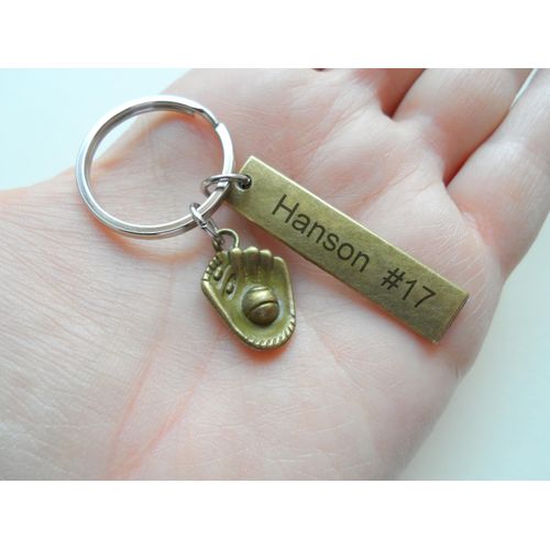 Custom Bronze Baseball Keychain with Baseball Glove & Engraved Name Tag, Softball or Baseball Team Player Keychain