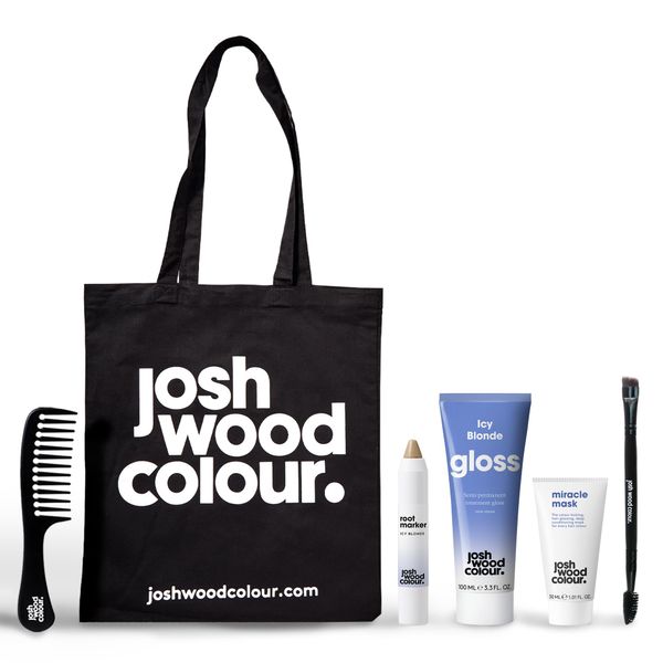 Icy Blonde Hair Gloss & Care Gift Bag Josh Wood Colour Gift Set: Black Tote Bag, Wide-tooth Comb, Icy Blonde Root Marker, Icy Blonde Gloss, Miracle Mask, Double-ended Applicator Brush