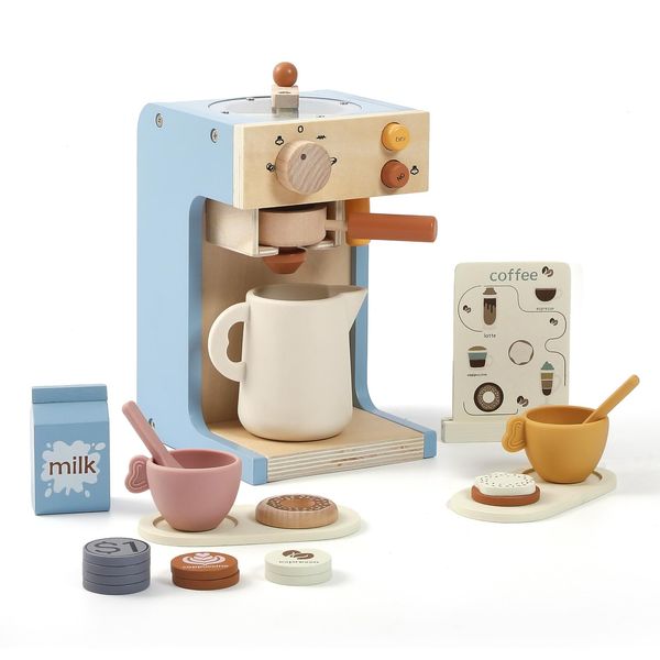 Ikubigu Kids Coffee Maker Playset Wooden Kitchen Toys for Toddlers - 15PCS Toy Coffee Maker Play Kitchen Accessories for Girls & Boys Pretend Play Kids Coffee Maker Toys - Ideal Gift