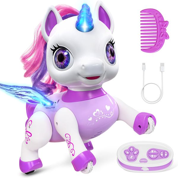 Hot Bee Remote Control Unicorn Robot Toy for Girls - LED Dancing, Rechargeable STEM Learning Toys, for Kids Ages 3 4 5 6 Years old, Preschool Children's Presents for Girl, Purple