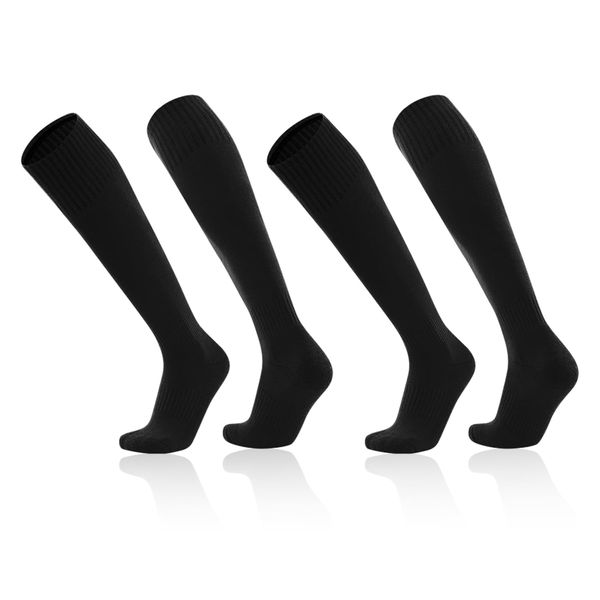 MAXQUU 2 Pairs Football Socks, Cushioned Non-Slip Grip Socks, Anti Blister Knee Socks, Moisture Absorbing Sports Socks, Kids Sports Socks (Black), black