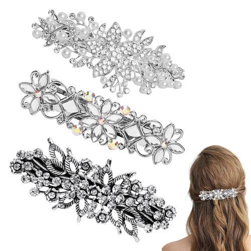 Rhinestone Bridal Hair Accessories for Women, 3pcs Wedding Pearl Hair Clip Silver Flower Pins Flower Crystal Head Pieces Crystal Barrette Hair Pins for Bridal Bridesmaid Wedding Party Gift