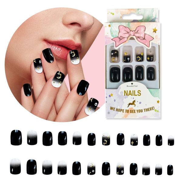 Andiker Press on Nails, False Nails Square Deep Ocean Glitter UV Gel False Medium Length Cute Artificial Fake Nails with Nail Glue Glossy and Reusable Full Cover Wear Nail for Women (Stars)