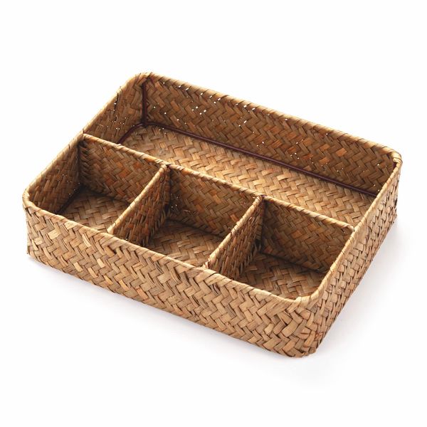 YANGQIHOME Tea Bag/Sugar Packet Holder, Coffee Station Condiment Organizer, Seagrass Storage Basket, Wicker Rattan Divided Basket Organizer for Drawer/Shelf/Countertop