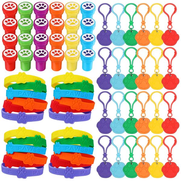 Skylety 72 Pcs Paw Print Party Favor Set, Rubber Bracelets Stamps Paw Print Acrylic Lobster Keychain Paw Dog Birthday Party Favors Supplies, Gift Bag Stuffer for Kids