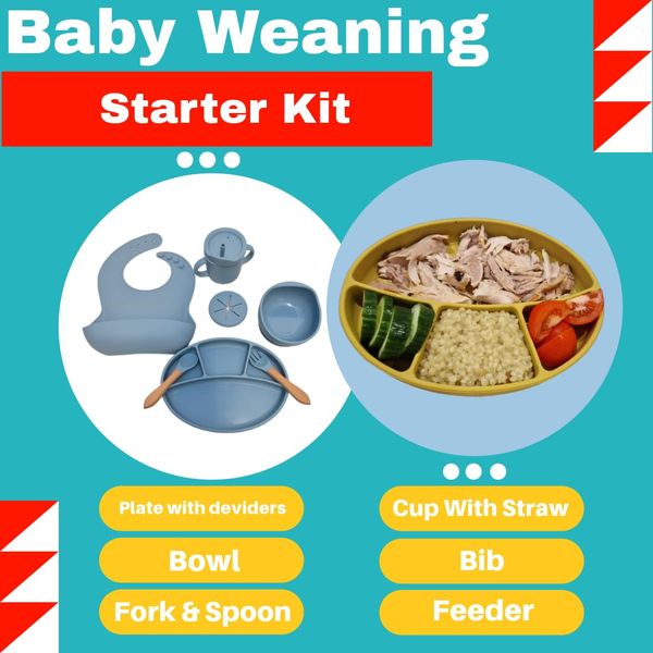 Silicone Baby Feeding Set, Divided Suction Plate, Suction Bowl, Adjustable Feeding Bib, Baby Silicone Set, Sip Cup with Lid and Straw, Fork and Spoon, for Babies and Toddlers (Blue)