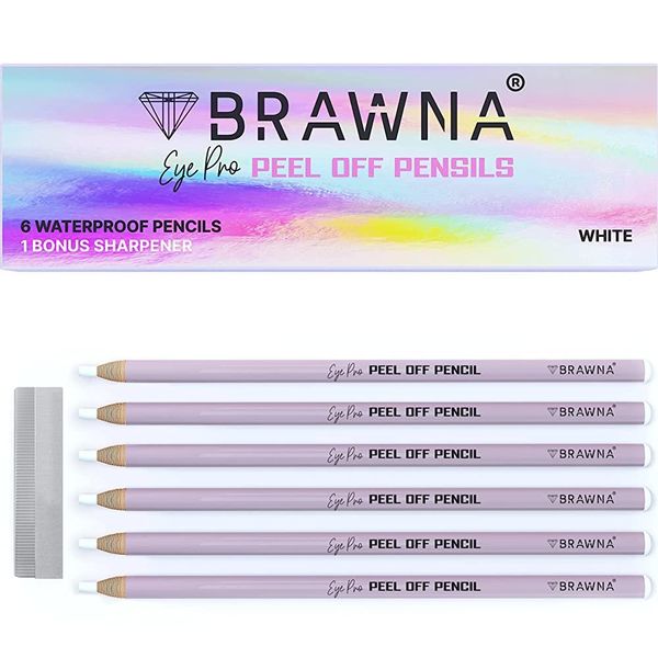 BRAWNA 6 Eyebrow Pencils with 1 Pencil Sharpener - Durable Waterproof Pencils Fast, Efficient and Easy to Use White Hot Item for Shaping Defining and Microblading