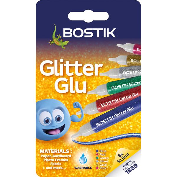 Bostik Glitter Glue Pens for Arts and Crafts, Easy to Use, Less Mess, Washable, Solvent Free, UKCA and CE Approved, 6 Coloured Glue Pens