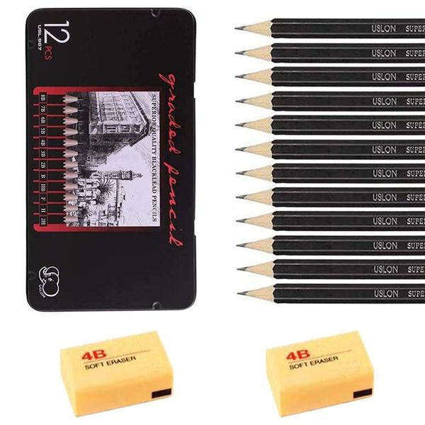 THETAG Professional Artist Sketching Pencils and Drawing Pencils Set with Rubbers, Art Pencil(8B-2H) 12 Count