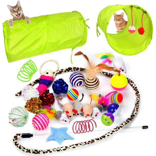 Youngever 24 Cat Toys Kitten Toys Assortments, 2 Way Tunnel, Cat Feather Teaser - Wand Interactive Feather Toy Fluffy Mouse, Crinkle Balls for Cat, Puppy, Kitty, Kitten