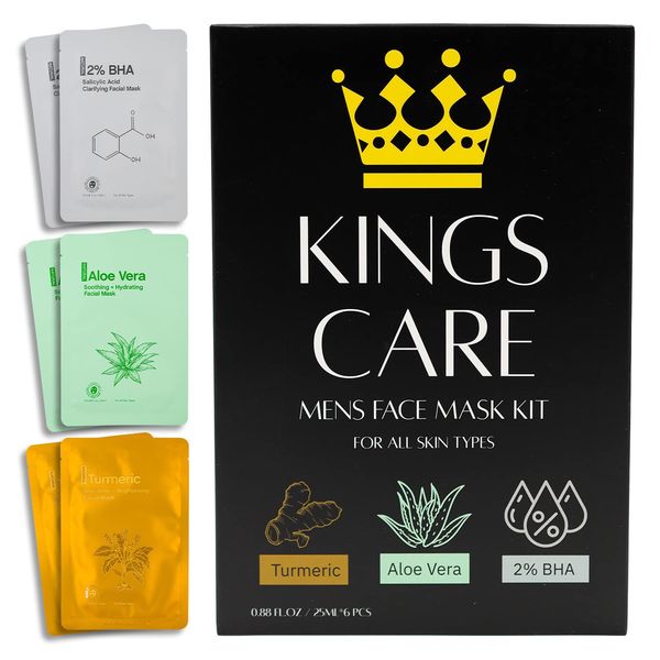 Kings Care Mens Face Mask Skin Care Kit (6 Pack) - Turmeric Anti-Acne, Aloe Vera Soothing & 2% BHA Salicylic Acid Sheet Mask - Skin Care for Men Face Masks for Hydrating, Brightening & Refining Pores