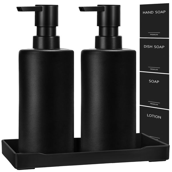 GMISUN Seifenspender Schwarz, 350ml Seifenspender Bad Set, Modern Spülmittelspender Küche, Seifenspender Glas mit Tablett und wasserdichte Etiketten, Seifenspender Schwarz Matt, Handseifenspender