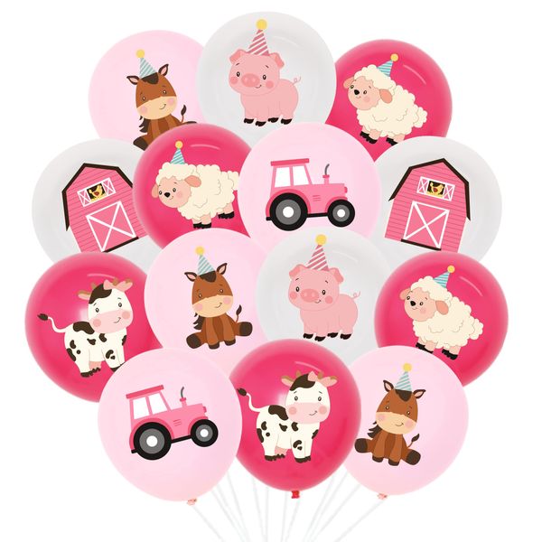 Kreatwow 36pcs Pink Farm Animal Balloons Girls, 12 Inch Cow Sheep House Pig Car Donkey Latex Balloons Farm Animal Birthday Party Supplies Pink Farmhouse Baby Shower Decorations for Kids Barnyard Party