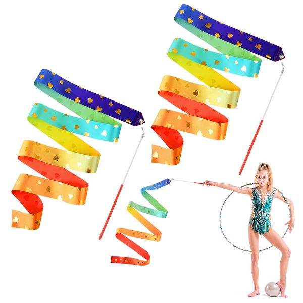 Bewudy 2 Pcs Rhythmic Dance Ribbons, 2M Gymnastic Ribbon with 30cm/11.8in Stick Wands, Rainbow Ribbon for Gym Training Circus Dance Dancing Streamers