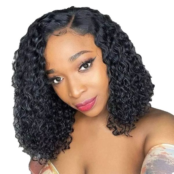 TQPQHQT Human Hair Wig Echthaar Perücke Bob Wig 13X4 Transparent Lace Frontal Wig Human Hair Pre Plucked For Black Women 1B Color Jerry Curly Wigs Brazilian Virgin Hair Wig 12 Zoll