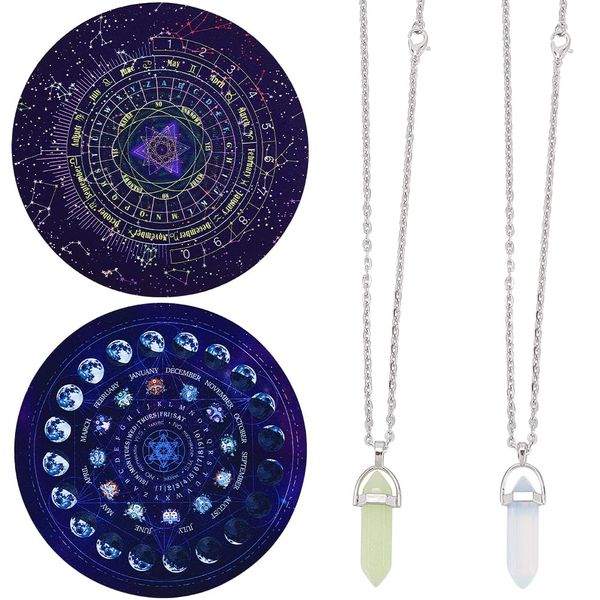 CRASPIRE 2Pcs Pendulum Mats Dowsing Divination Astrology Pads Rubber Altar Pendulum Mat Celestial Boho Mats with 2 DIY Pointed Pendants Tablecloth Metaphysical Message Board for Divining Decor