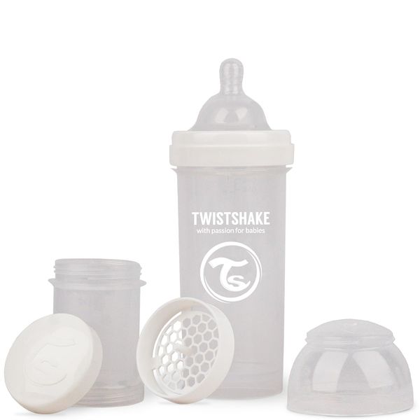 Twistshake Anti-Colic Baby Bottle with Milk Powder Container and Mixer - 260ml | Medium Flow Silicone Breast-Like Nipple | BPA- Free Baby Milk Bottle | Suitable for Newborn Babies (2+) | White