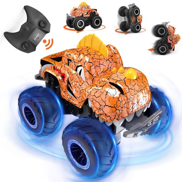 Remote Control Car,Dinosaur 2.4GHz Monster Trucks for Boys Girls with Light,Sound & Spray,Stunt Car RC Trucks Dinosaur Toys Gift for Kids 6+ (Orange)