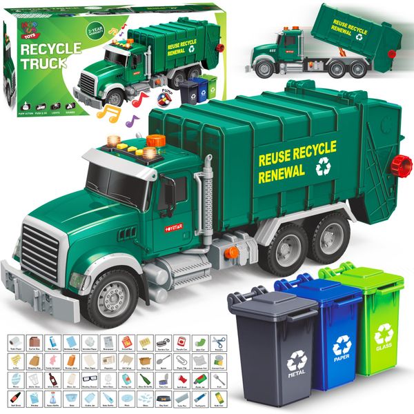 Garbage Truck Toy - Recycling Truck for Boys with 3 Garbage Cans + 48 Flash Cards - Push & Go, Lights & Sounds - Multi-Functional Trash Truck w/ Moving Parts for Boys Ages 3 4 5 6 7 8 Years Old