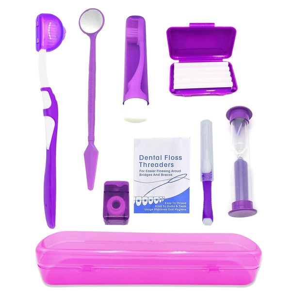 HRASY Portable Orthodontic Oral Care Kit for Braces - Interdental Brush Dental Wax Dental Floss Toothbrush Cleaning Kit(Purple)