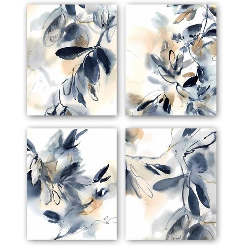 Watercolor Leaves Art Print,Minimalist abstract plant print,Botanical Plant Canvas Wall Art,Watercolor Blue White Leaf Plant Wall Decor Canvas Painting Bathroom Living Room Decor(8”X 10”) No Frame
