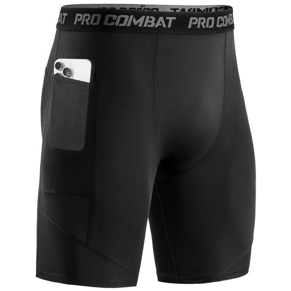 Niksa 1 Pack Herren Kompressionsshorts, Sport Unterhosen Männer Schnelltrocknendes Laufunterwäsche, Atmungsaktiv Laufhose Herren Kurz mit Handytasche, Schwarz, L