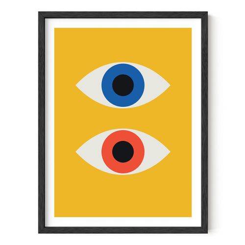 HAUS AND HUES Mid-Century Modern Art Print – Bauhaus Poster, Retro Evil Eye Wall Decor, Geometric Yellow Abstract Art (Black Frame, 12x16)