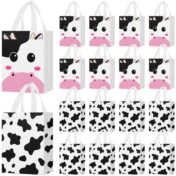 Locmeo 24 Pcs Cow Party Favors Bag Reusable Non Woven Cow Print Gifts Bags with Handles, Farm Themed Goodie Treat Candy Bags for Kids Cow Farm Animals Birthday Party Supplies