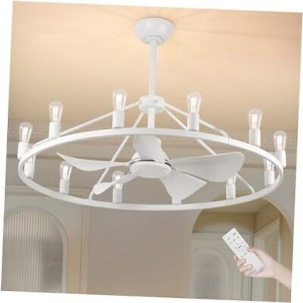 44" Large Ceiling Fans with Lights Wagon Wheel Chandelier White-Round 43in