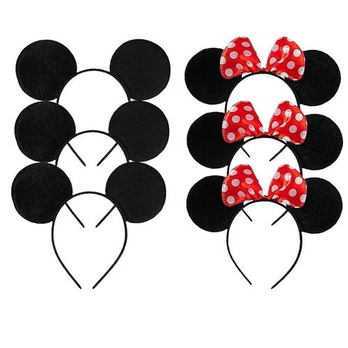 The Fancy Dress® 3x6 Pcs Mouse Ears Headband With Red Sequin Bow Hairs Accessories for Girls Women World Book Day Party Cosplay Costume (Black, Red headband)