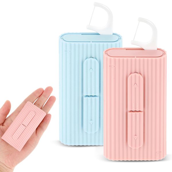 Andibro Portable Dental Floss Boxes, 2pcs Dental Floss Case Floss Pick Dispenser Refillable Floss Holder Travel Oral Care Tool for Teeth Cleaning 10 Adult Floss Picks in Each Case(Blue+Pink)