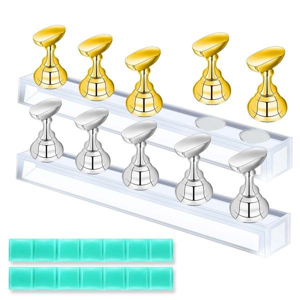 2 Set Acrylic Nail Art Practice Stand Magnetic Fingernail Tip Display Holder Manicure Tool for Salon Home DIY Training Reusable Nail Tip Holders for False Nail with Adhesive Putty Clay (Gold & Silver)