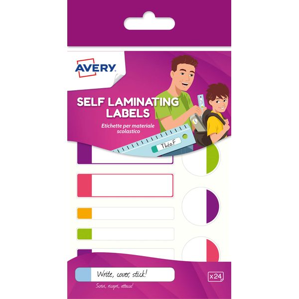 Avery Self Laminating Labels, Waterproof Name Labels, Lunchbox Labels, Water Bottle Labels, School Labels, 86 x 17 mm, 24 Labels Per Pack, Neon Colours