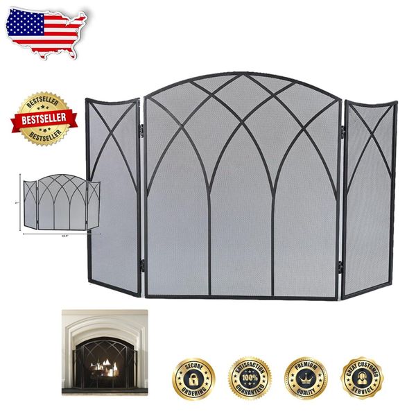 Durable 3-Panel Black Powder-Coated Fireplace Screen – Gothic Elegance 46.5"L