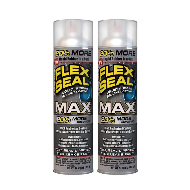 Flex Seal MAX, 17 oz, 2-Pack, Clear, Stop Leaks Instantly, Waterproof Rubber Spray On Sealant Coating, Perfect for Gutters, Wood, RV, Campers, Roof Repair, Skylights, Windows, and More