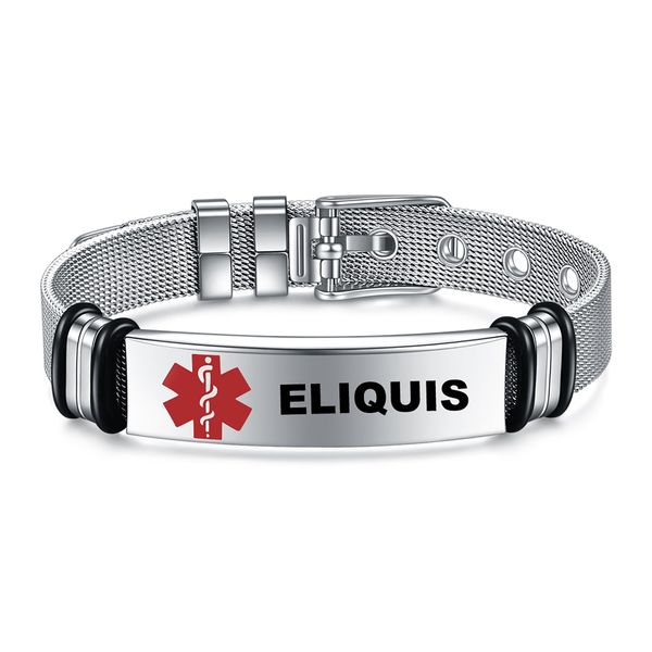 YOTHIWAD Medical Alert Bracelets for Women Men, Medical Id Bracelets with Free Laser Engraving,Stainless Steel Adjustable Wristband Sos Bracelet Dual-Side Engraving(ELIQUIS)