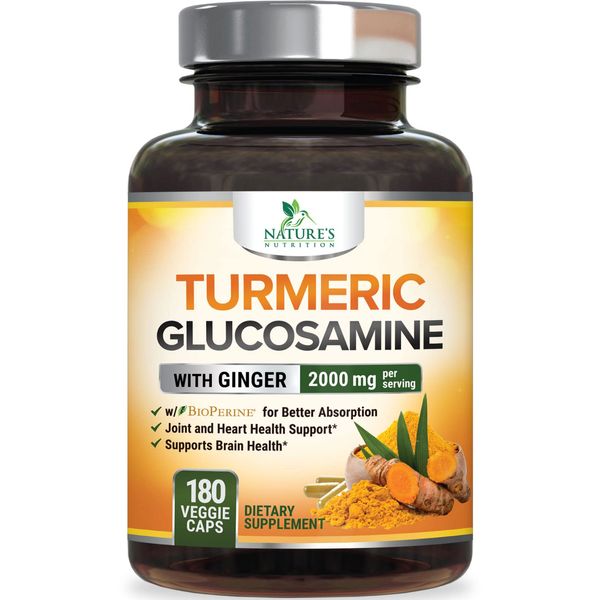 Turmeric Curcumin with BioPerine, Ginger & Glucosamine 95% Curcuminoids 2000mg - Black Pepper for Max Absorption, Natural Joint Support, Nature's Tumeric Extract Supplement, Non-GMO - 180 Capsules