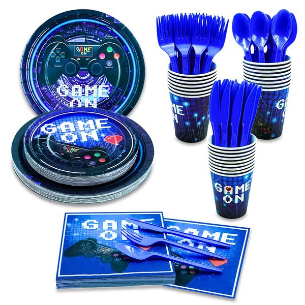 175 Pcs Video Game Party Supplies Set Paper Plates Napkins Cups Forks Knives and spoons serve for 25 Guests Game Birthday Party